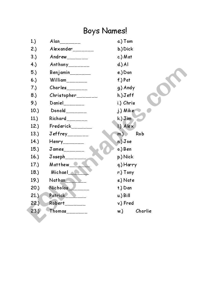 English Worksheets Common Boy s Nicknames