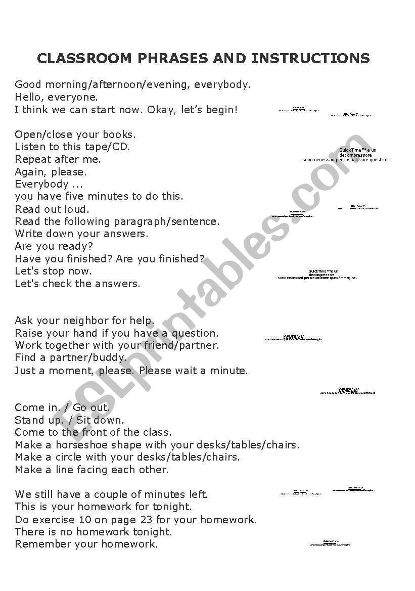 Classroom Phrases and Instructions