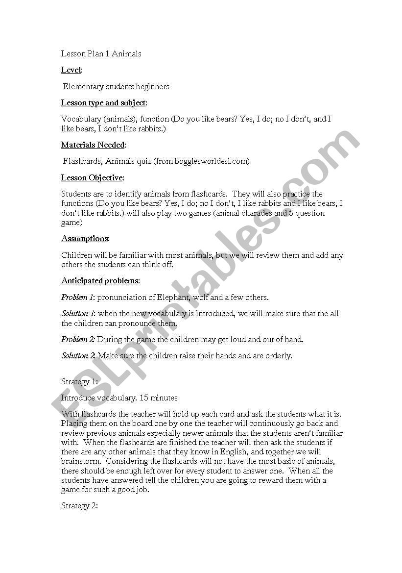 Animal Lesson Plan worksheet