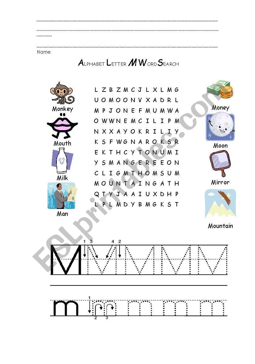 Wordsearch of M letter worksheet