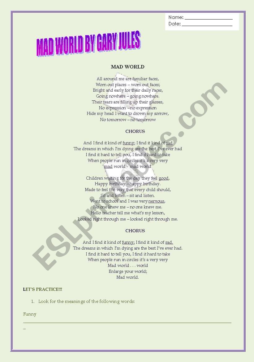 Mad World Song by Gary Jules worksheet