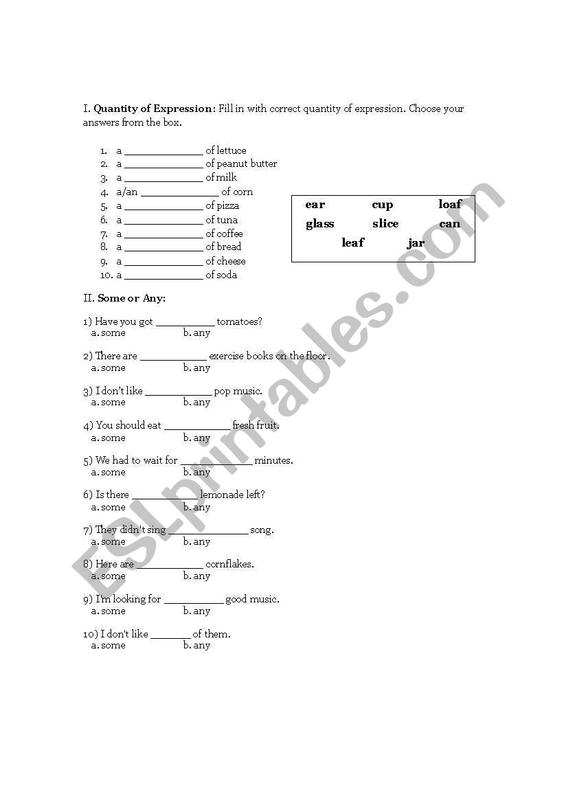 Quantity Expression worksheet