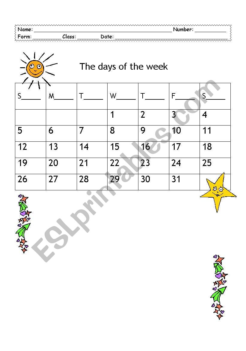 days of the week worksheet