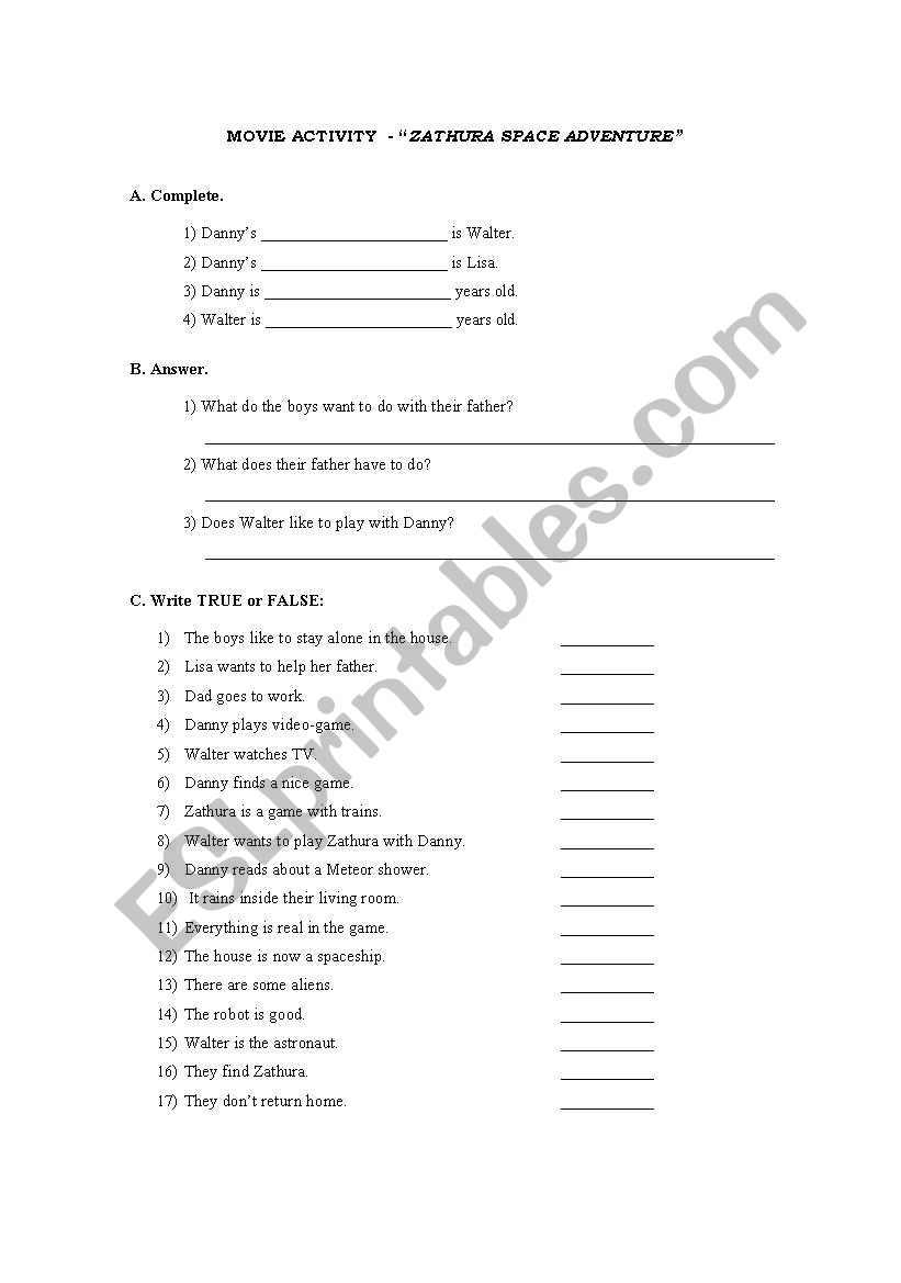 movie activity - zathura worksheet