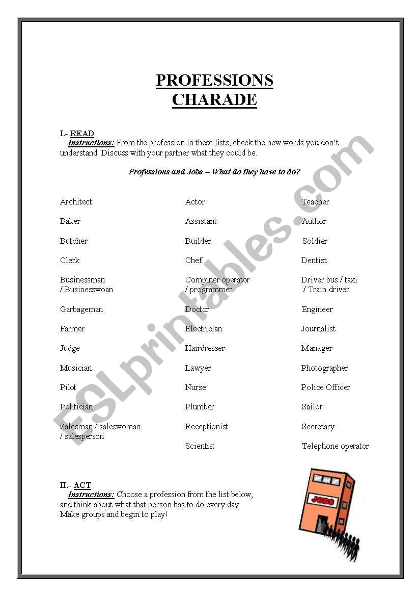 jobs charade worksheet