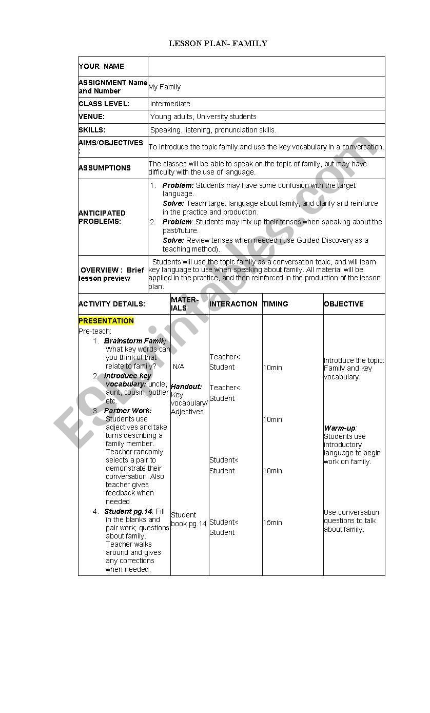 Family Lesson plan worksheet