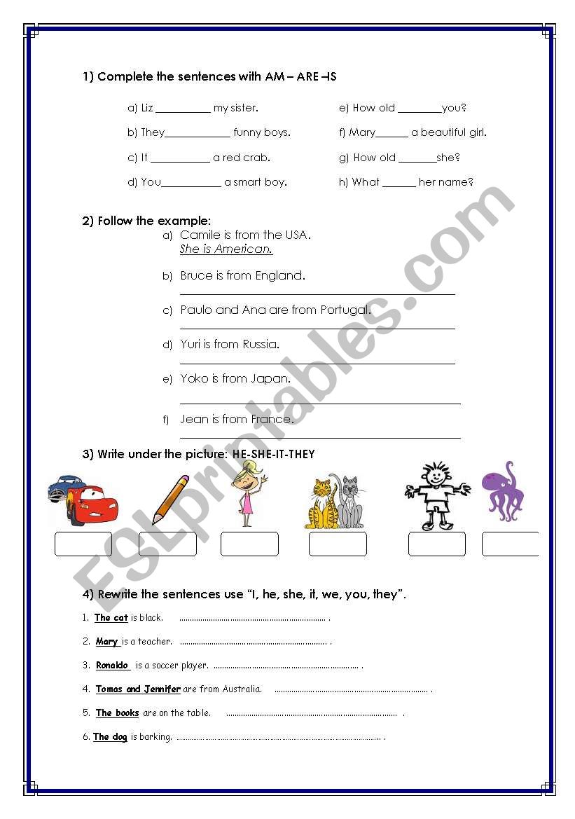 Elementary exercises( verb to be, pronouns, nationalities)