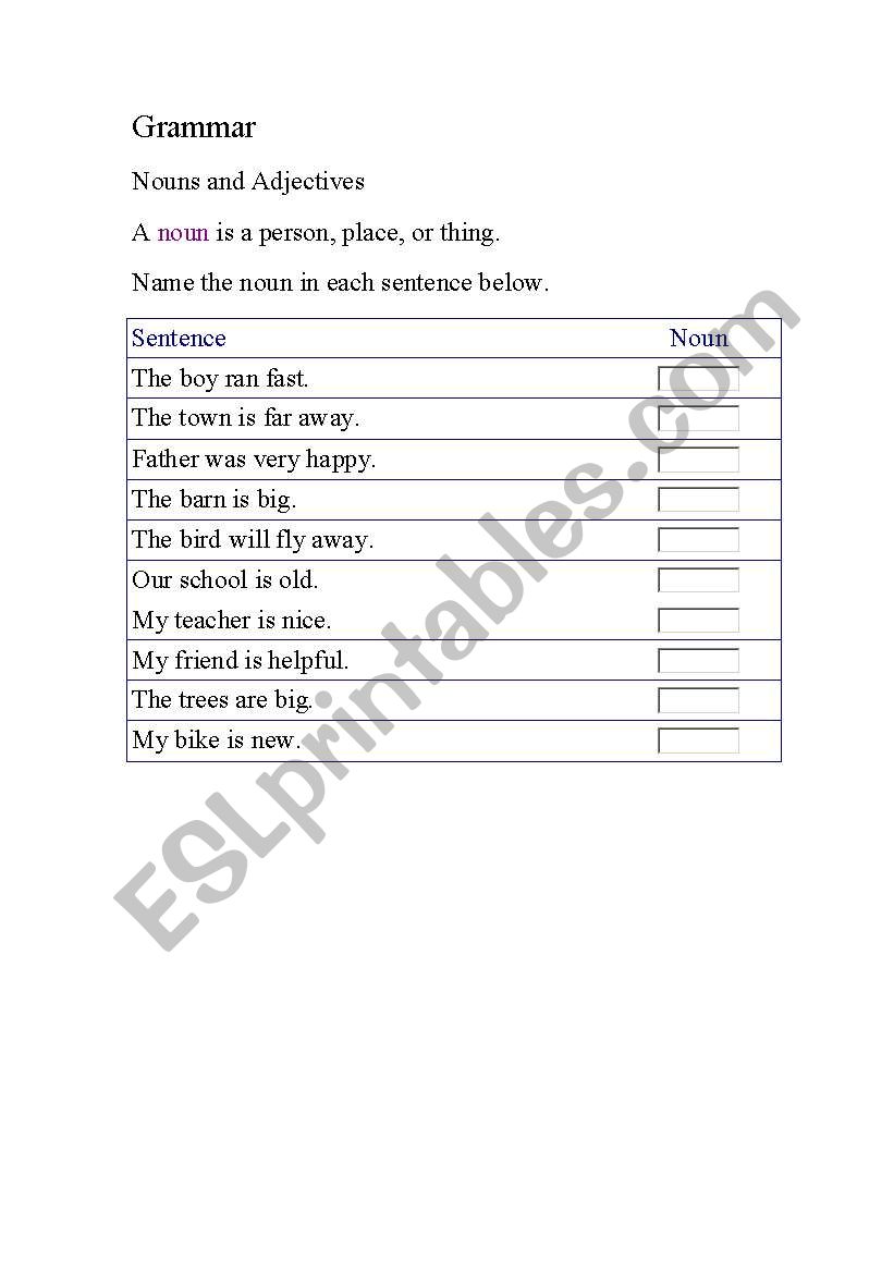 Nouns and adjectives worksheet