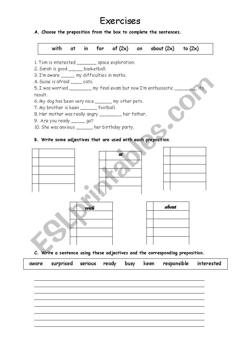 Adjectives + prepositions worksheet