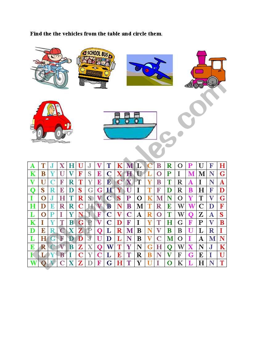 find the vehicles worksheet