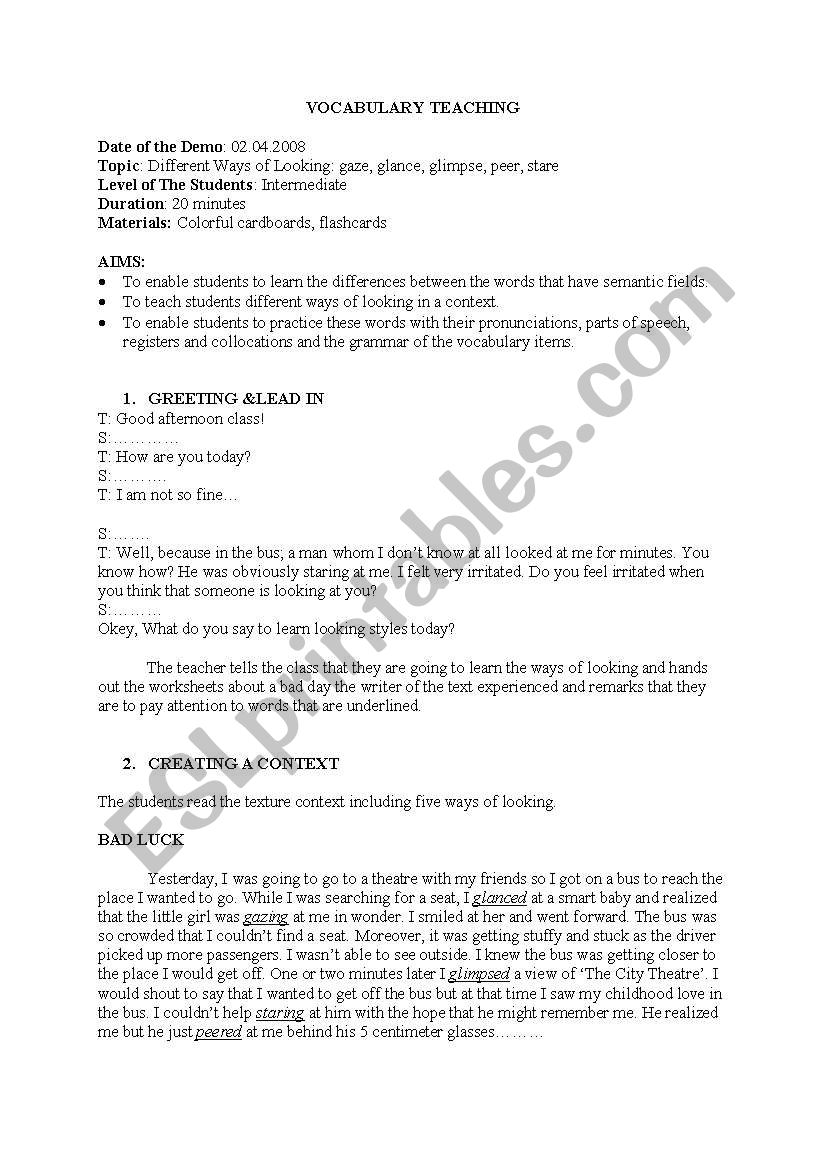 looks vocabulary lesson plan worksheet