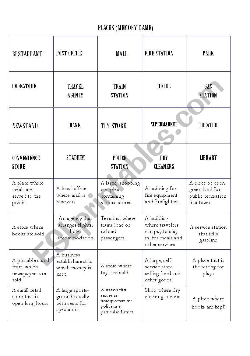 PLACES (MEMORY GAME ) B&W worksheet