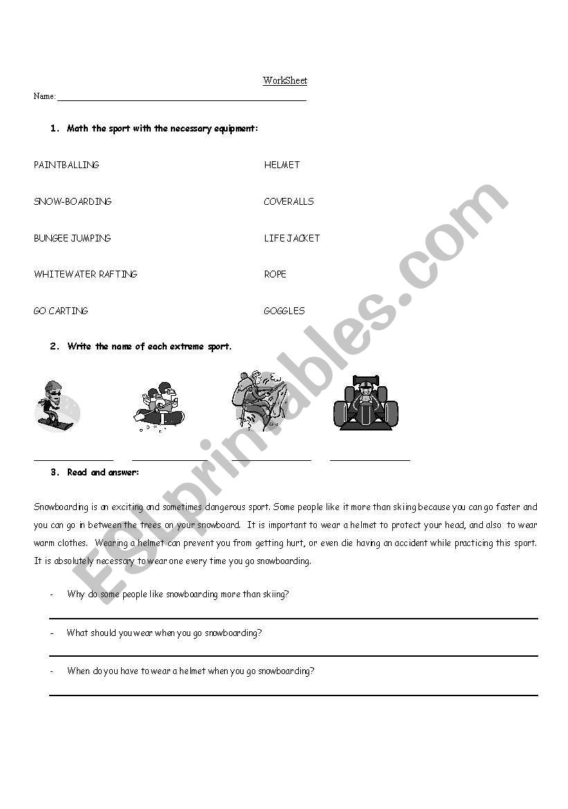 Extreme Sports and Equipment worksheet