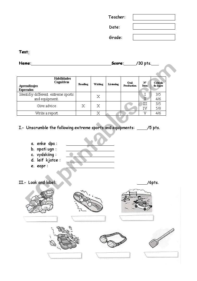 Extreme Sports and Equipment Test