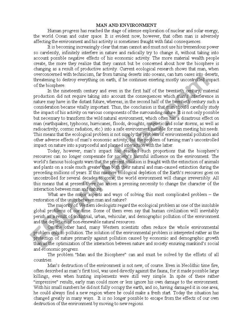 Man And Environment worksheet