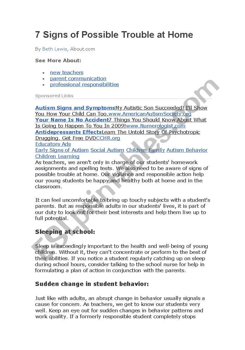 7 signs of possible trouble worksheet