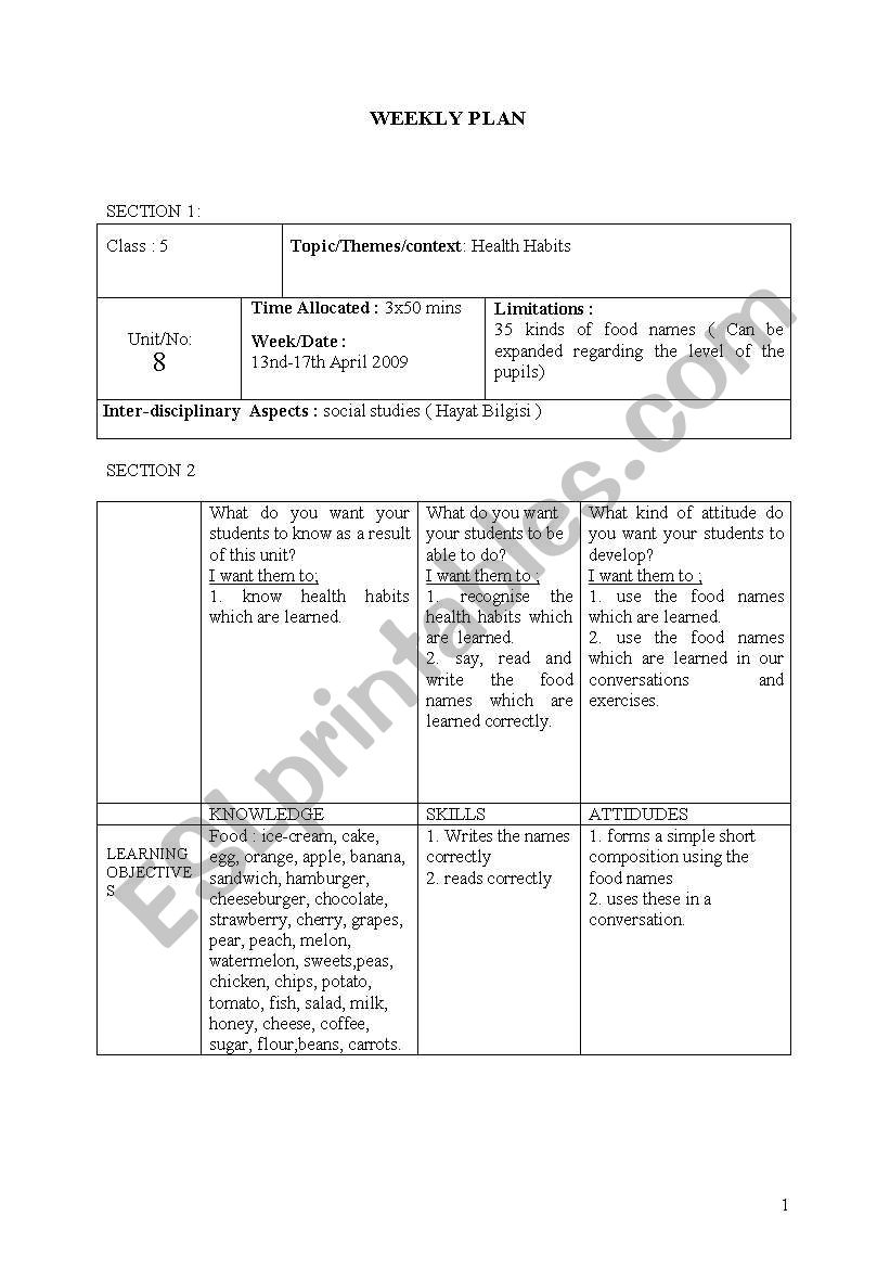 health habits worksheet