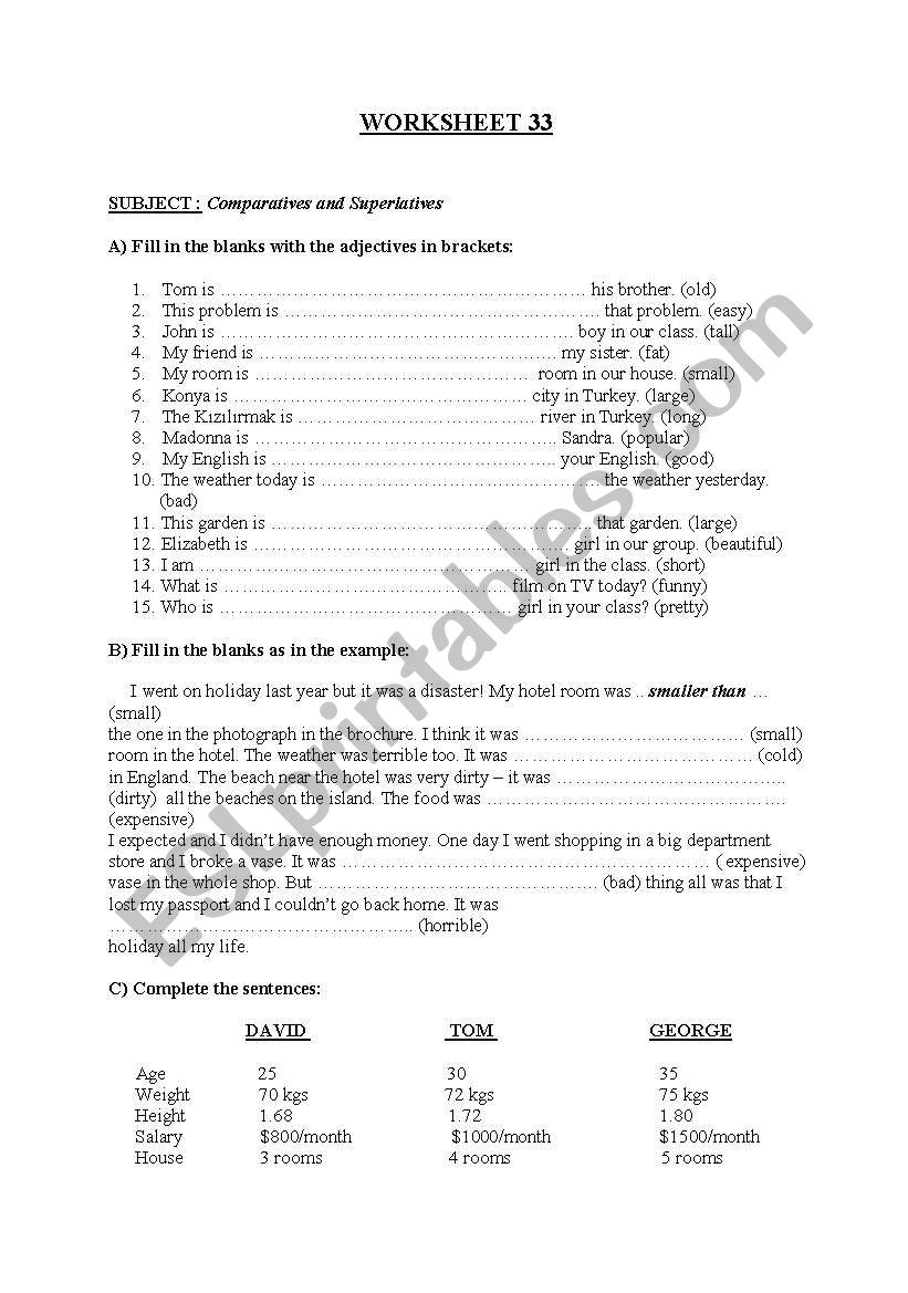 worksheet about comparatives worksheet