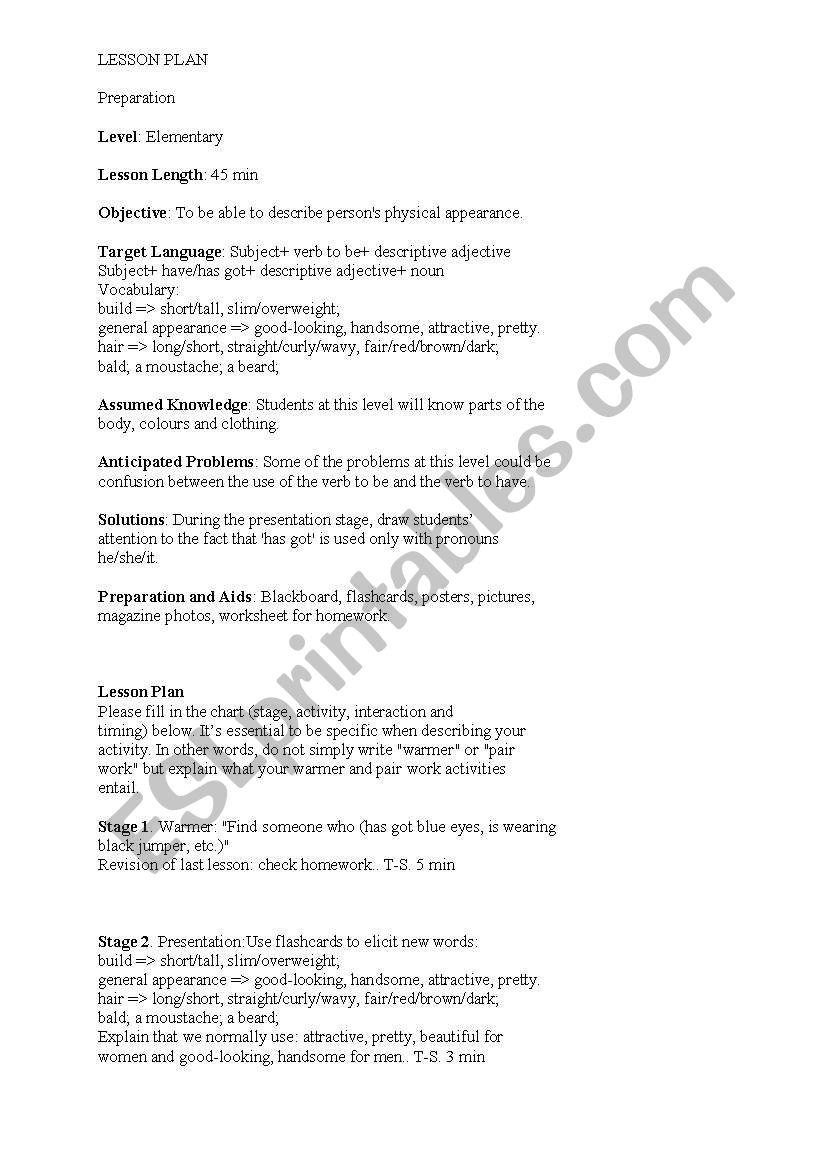 Lesson Plan: describing persons physical appearance