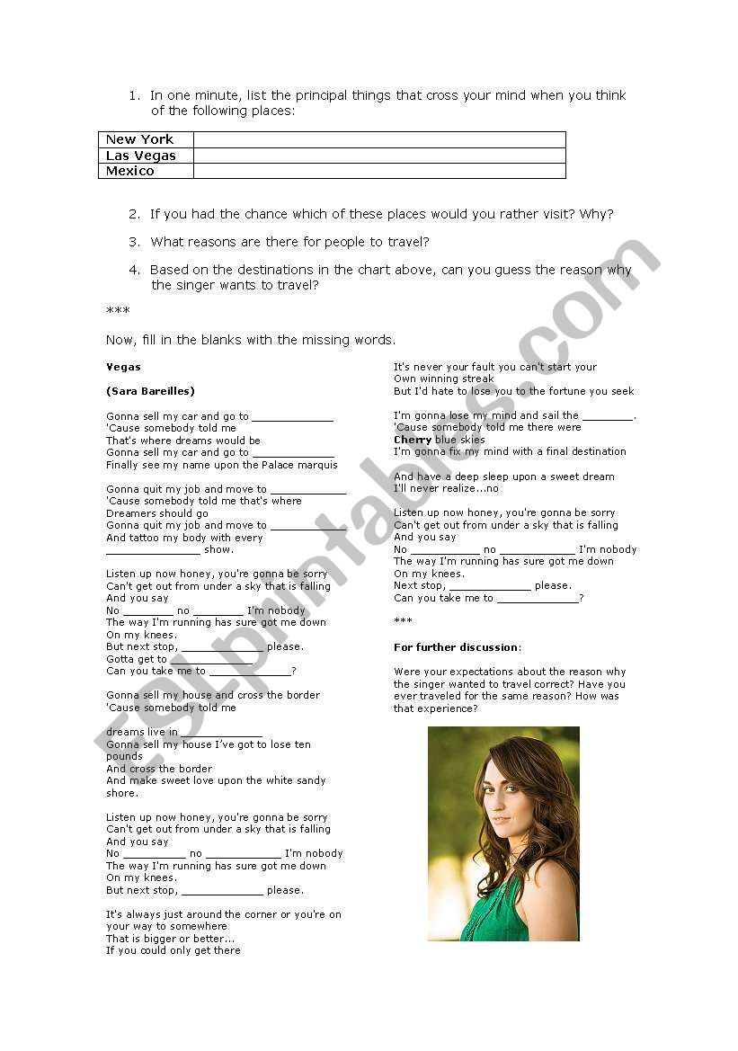 Vegas, Sara Bareilles worksheet