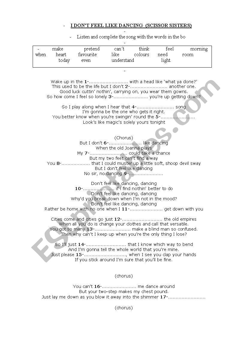 I dont feel like dancing worksheet