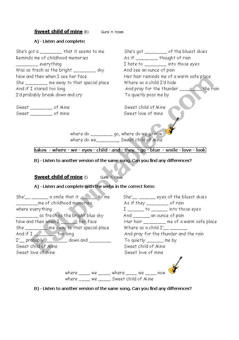 Sweet child of mine worksheet