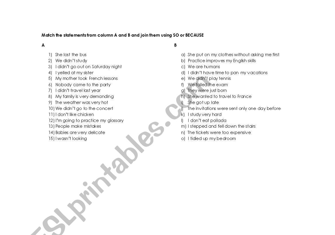 So/because worksheet