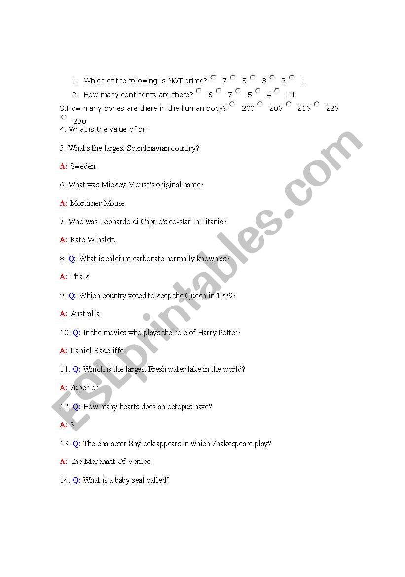 TRIVIA QUESTIONS worksheet