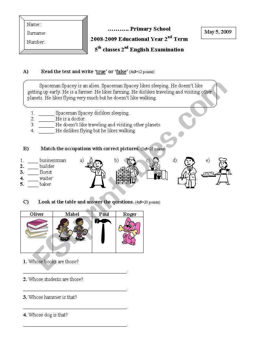 5th grade exam paper worksheet