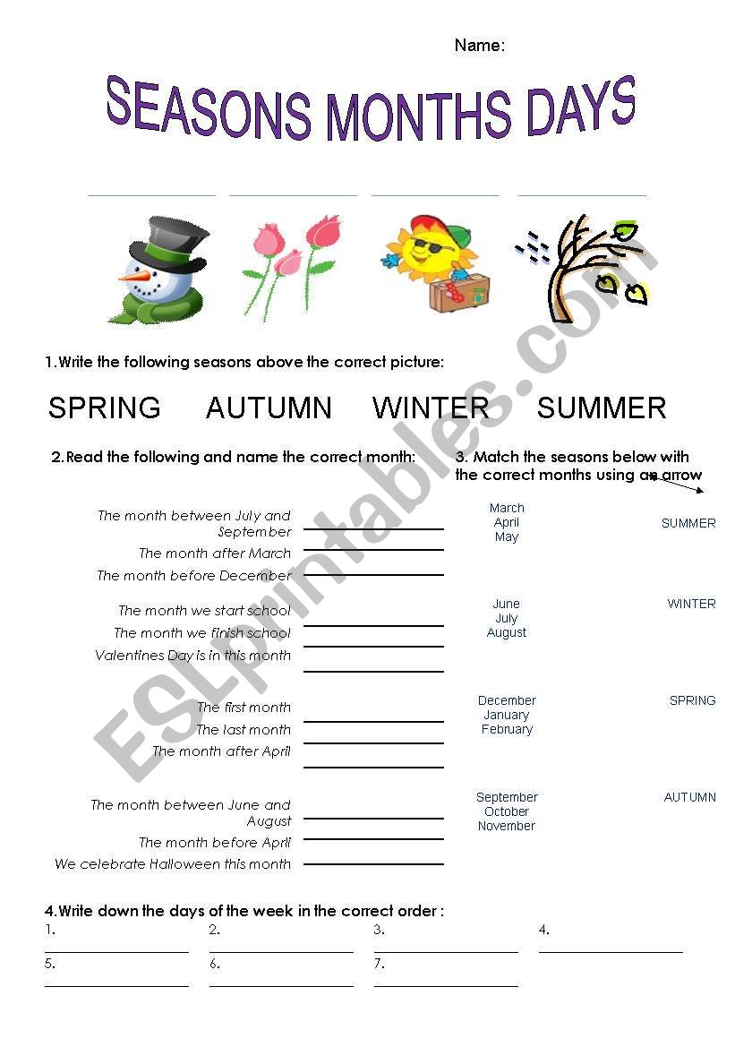 Seasons, Months and Days worksheet