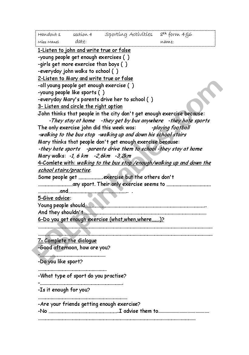 teenagers and sport worksheet