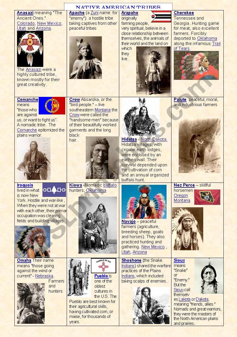 Native American Indian Cultures Chart