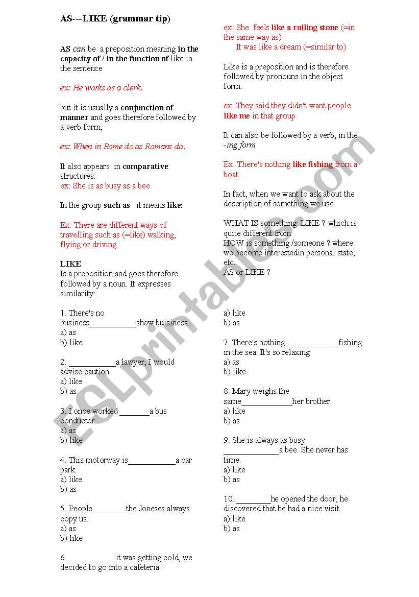 As/ like worksheet