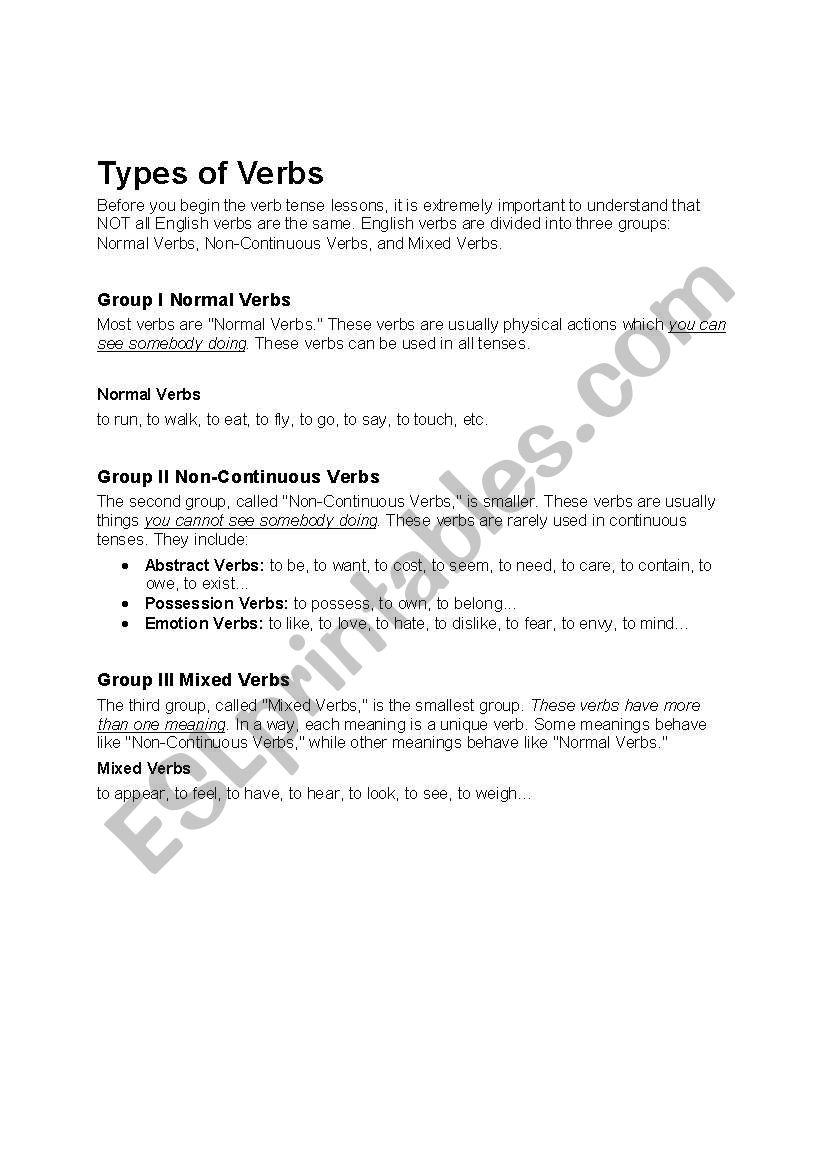 Verb Types - Normal, Non-Continuous and Mixed