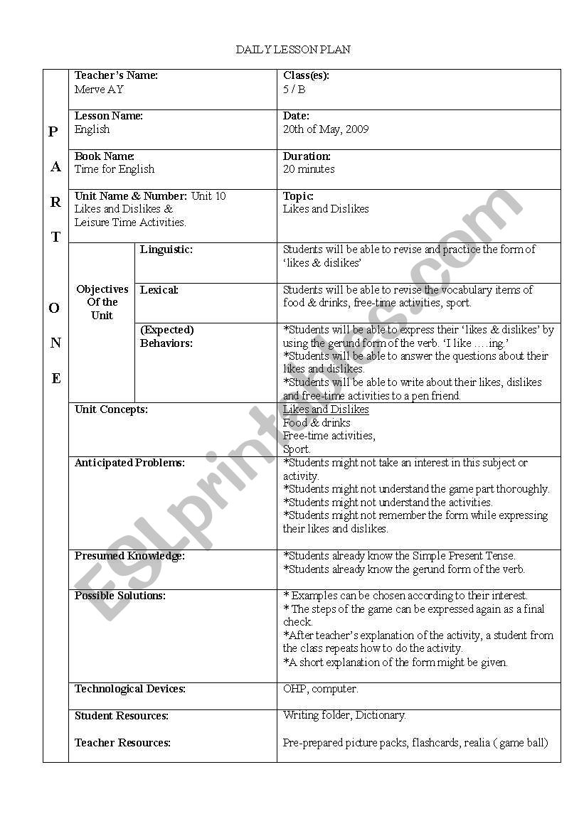 lesson plan (likes/dislikes) worksheet