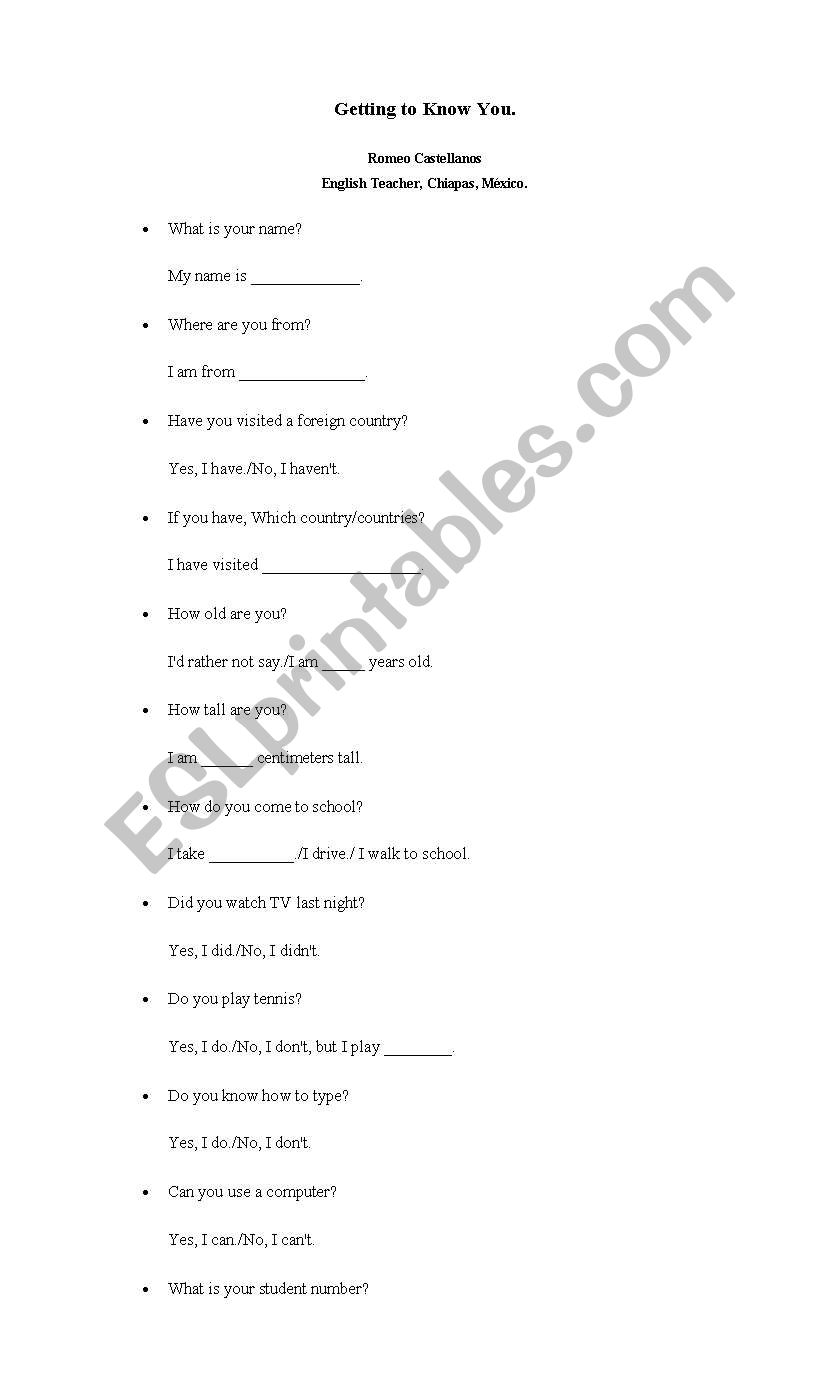 Getting to Know You. worksheet