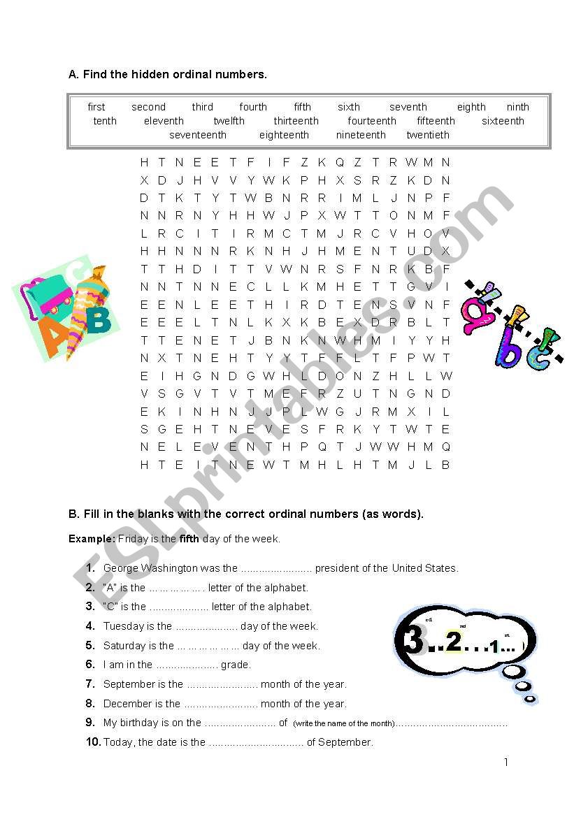 Ordinal numbers worksheet