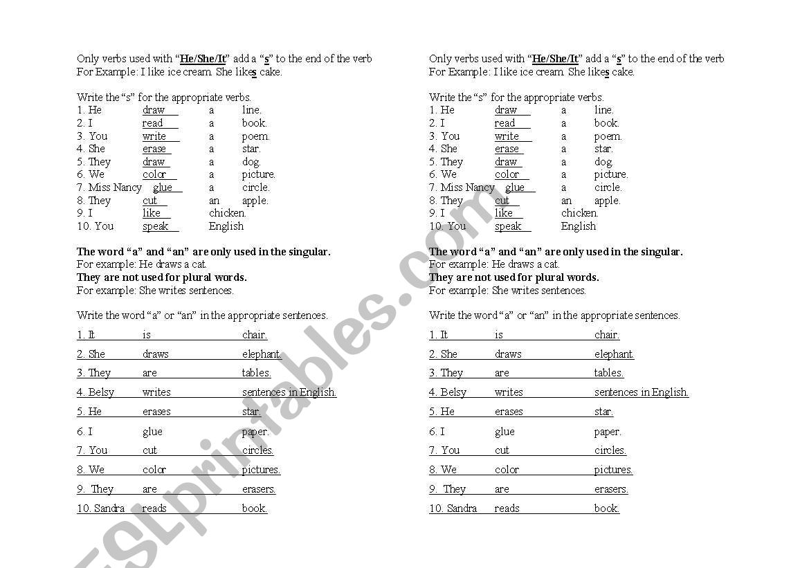 Present tense third person and articles