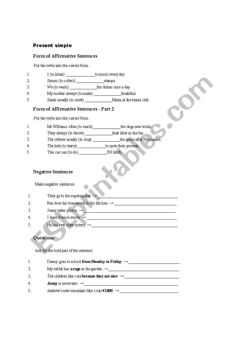 Present simple test worksheet