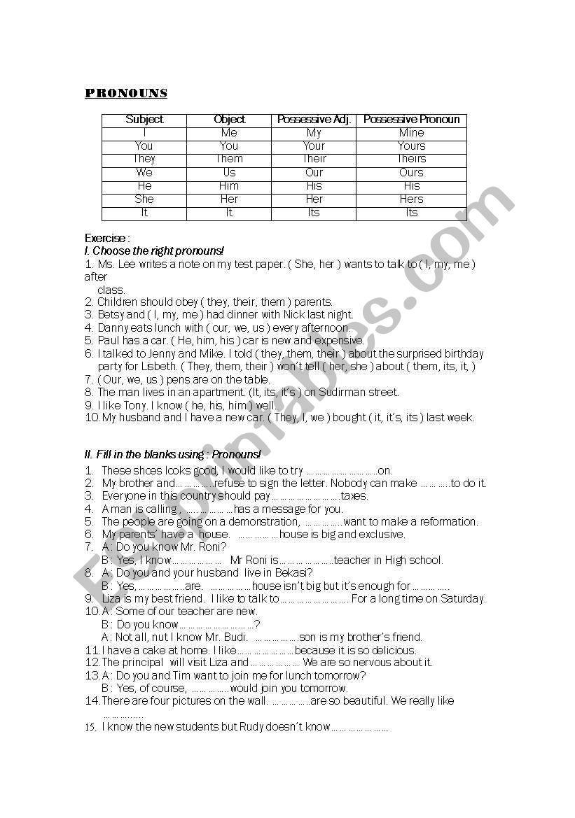 Pronouns worksheet