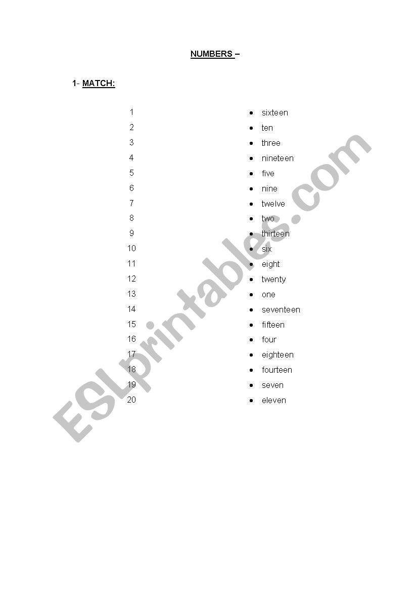 Match worksheet