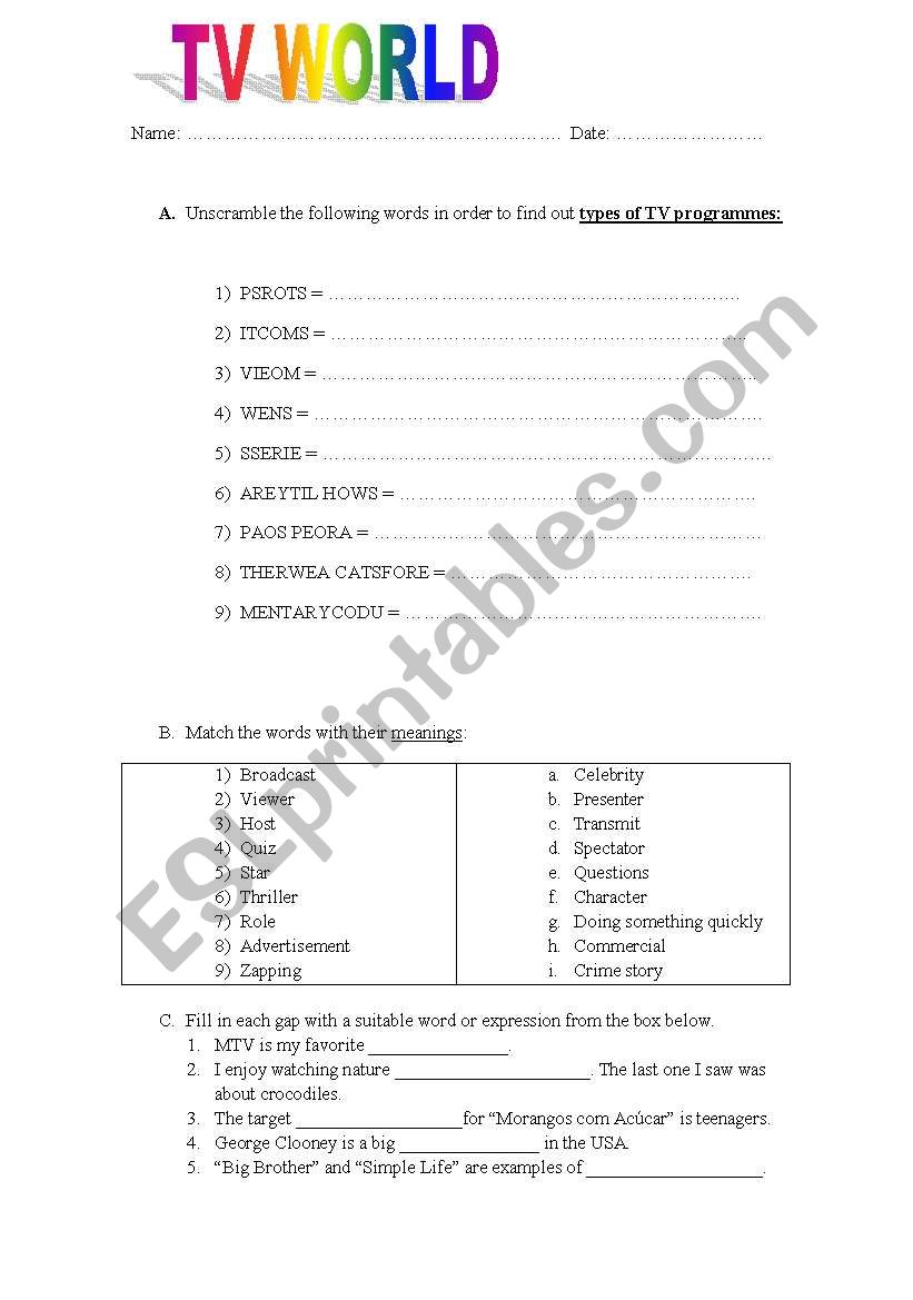 TV vocabulary Ws worksheet