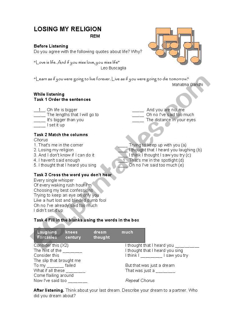 Losing my Religion worksheet