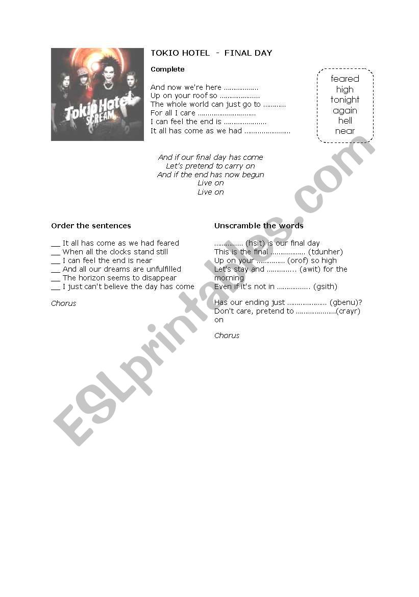 Final Day - Tokio Hotel worksheet