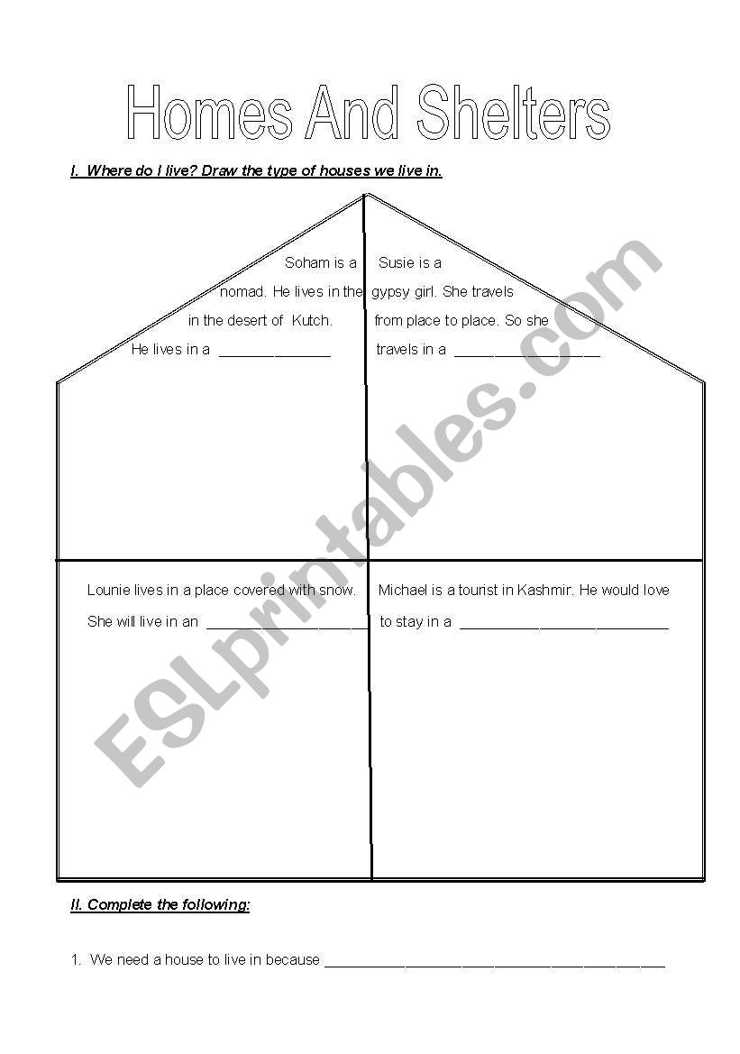 Shelters  worksheet