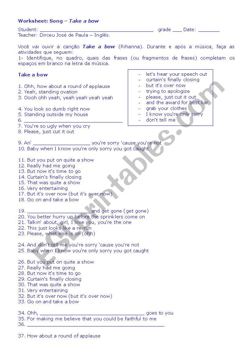 Lyrics - Take a bow worksheet