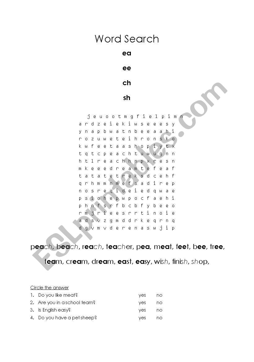 ea, ee, sh, ch, wordsearch worksheet