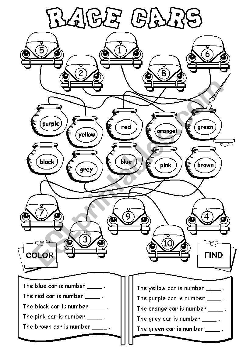 Race Cars (numbers 1-10) worksheet