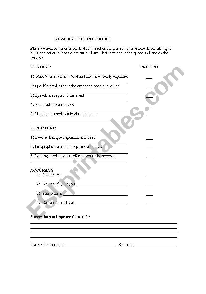 New article checklist worksheet