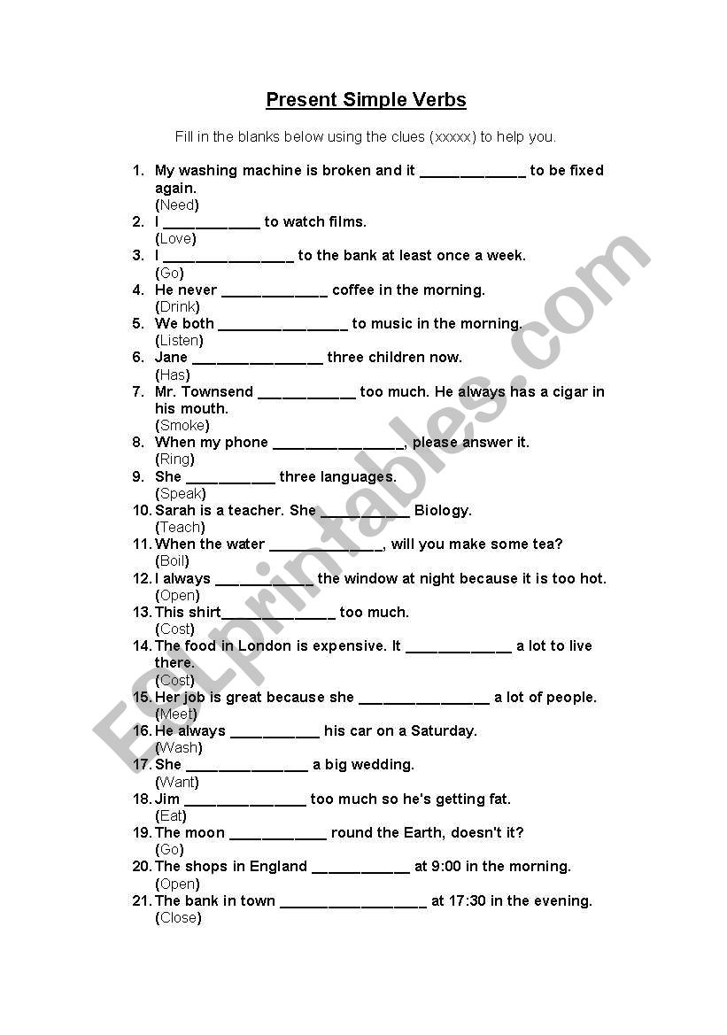 Present Simple Verbs Worksheet